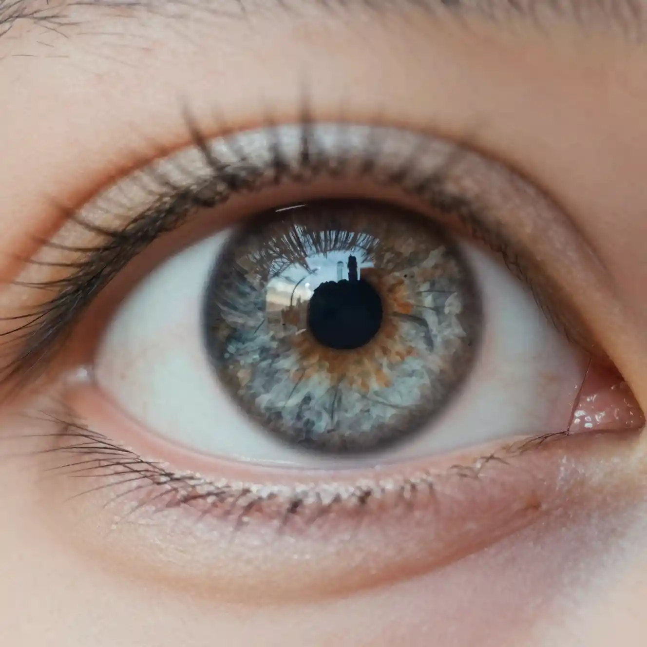 Close up of a detailed eye with cityscape iris silhouette