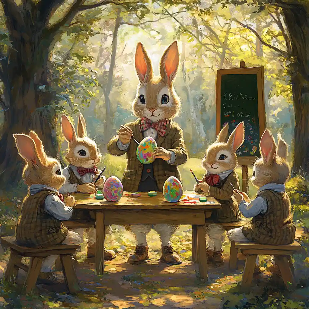 Scuola di conigli di Pasqua che dipinge uova colorate nella foresta