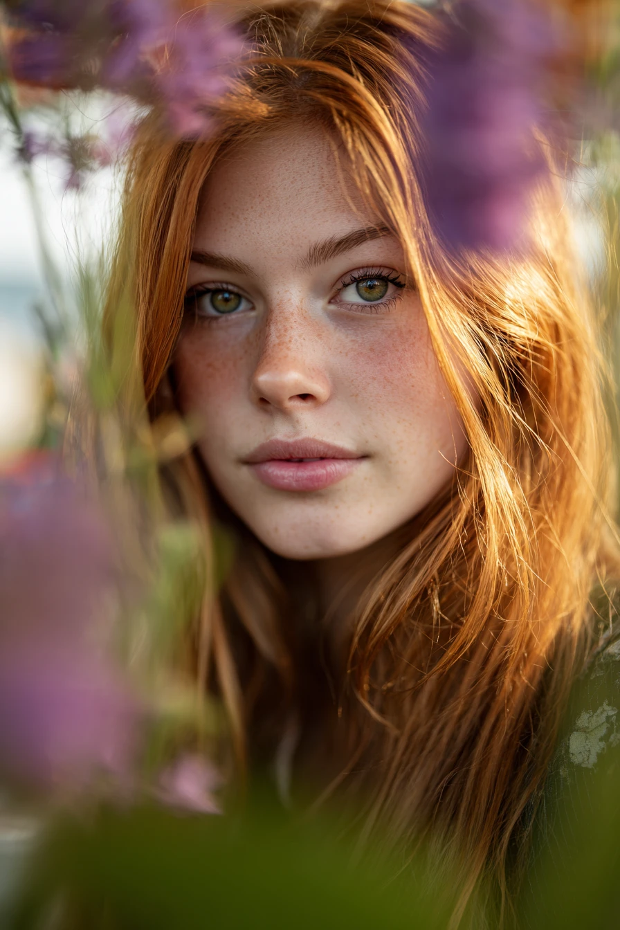 Jeune femme rousse regardant la caméra avec nostalgie