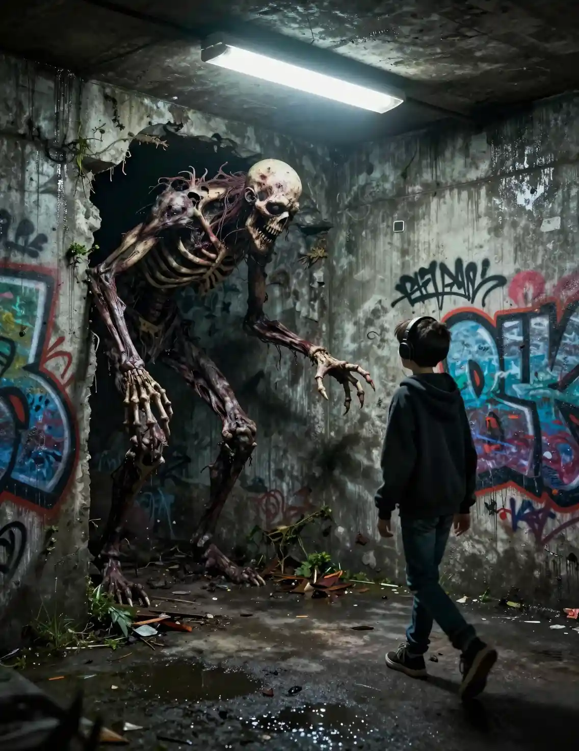 Emaciated monster stalking a lone teenager in urban underpass