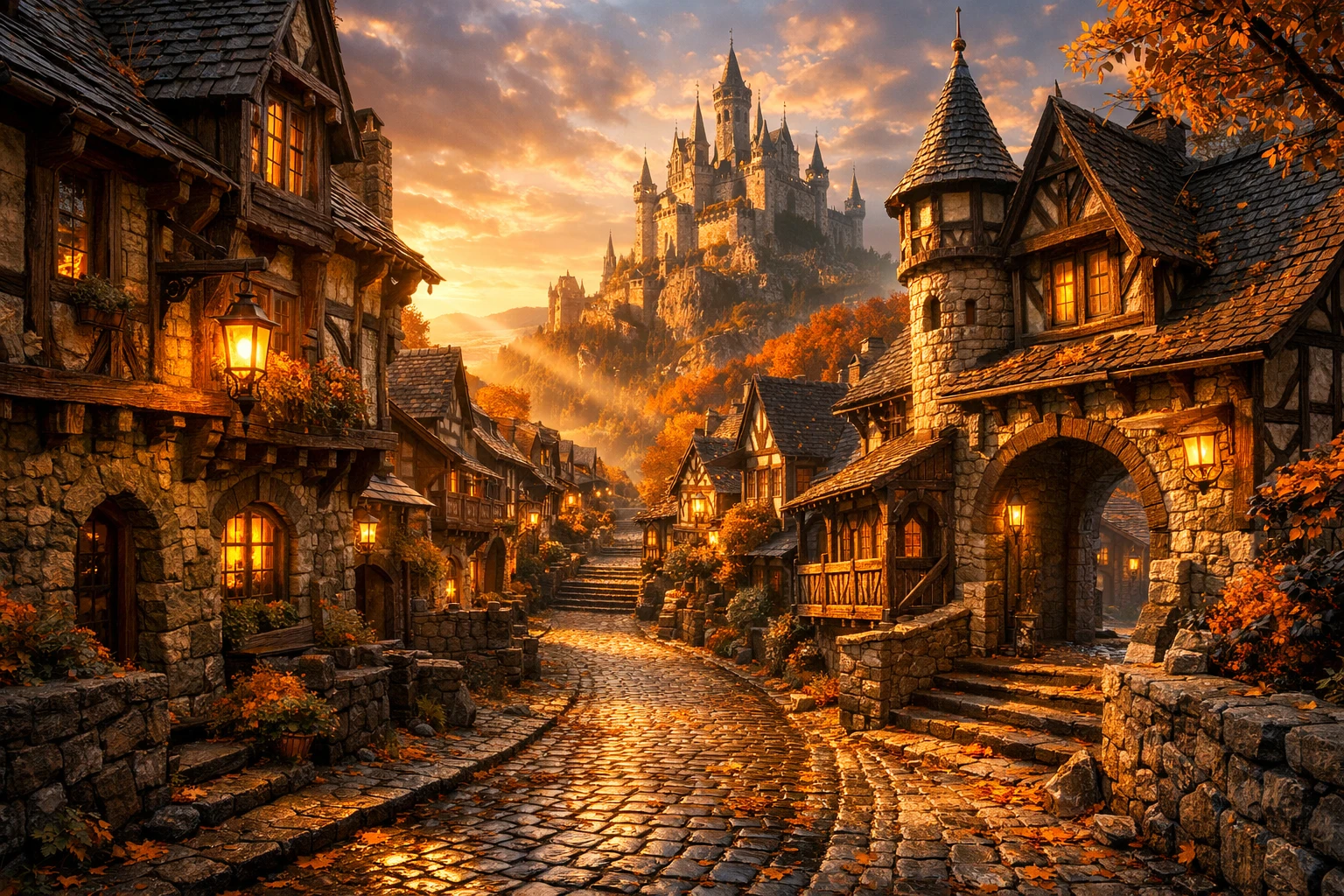 Strada medievale acciottolata che si snoda attraverso un villaggio fantasy illuminato dal sole