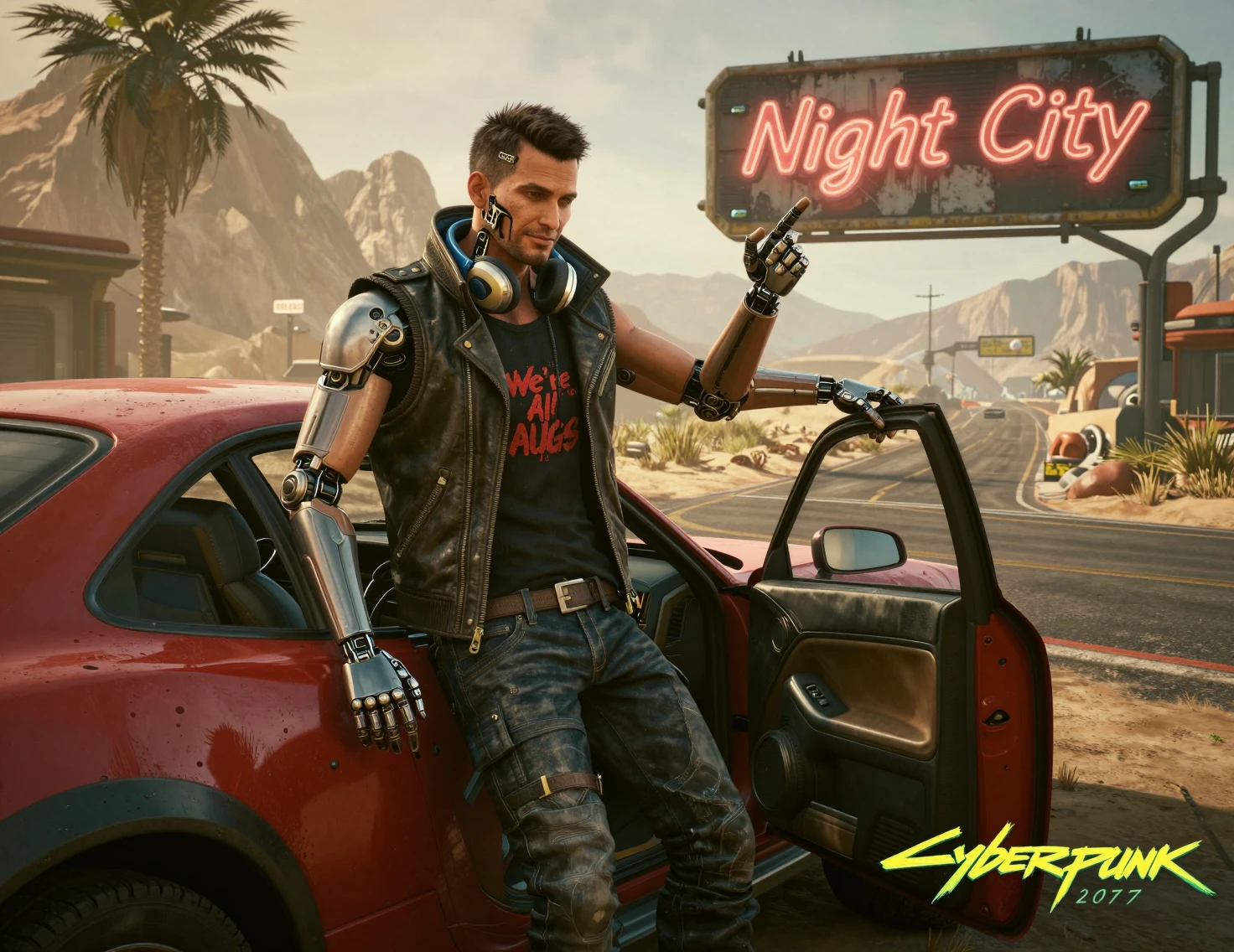 Cyberpunk man leaning on rugged sci fi desert vehicle