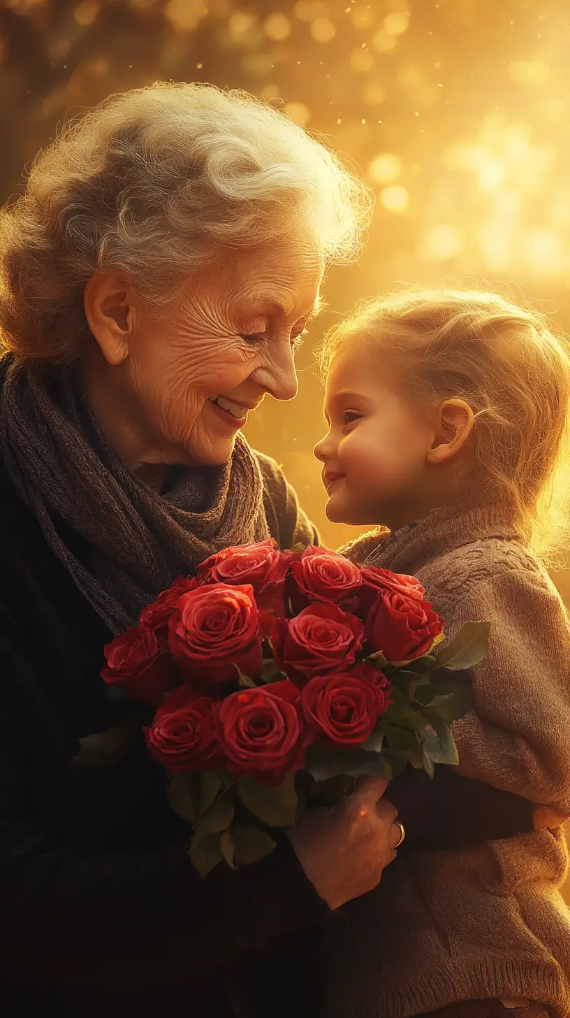 Anziana che abbraccia un bambino al tramonto con rose rosse