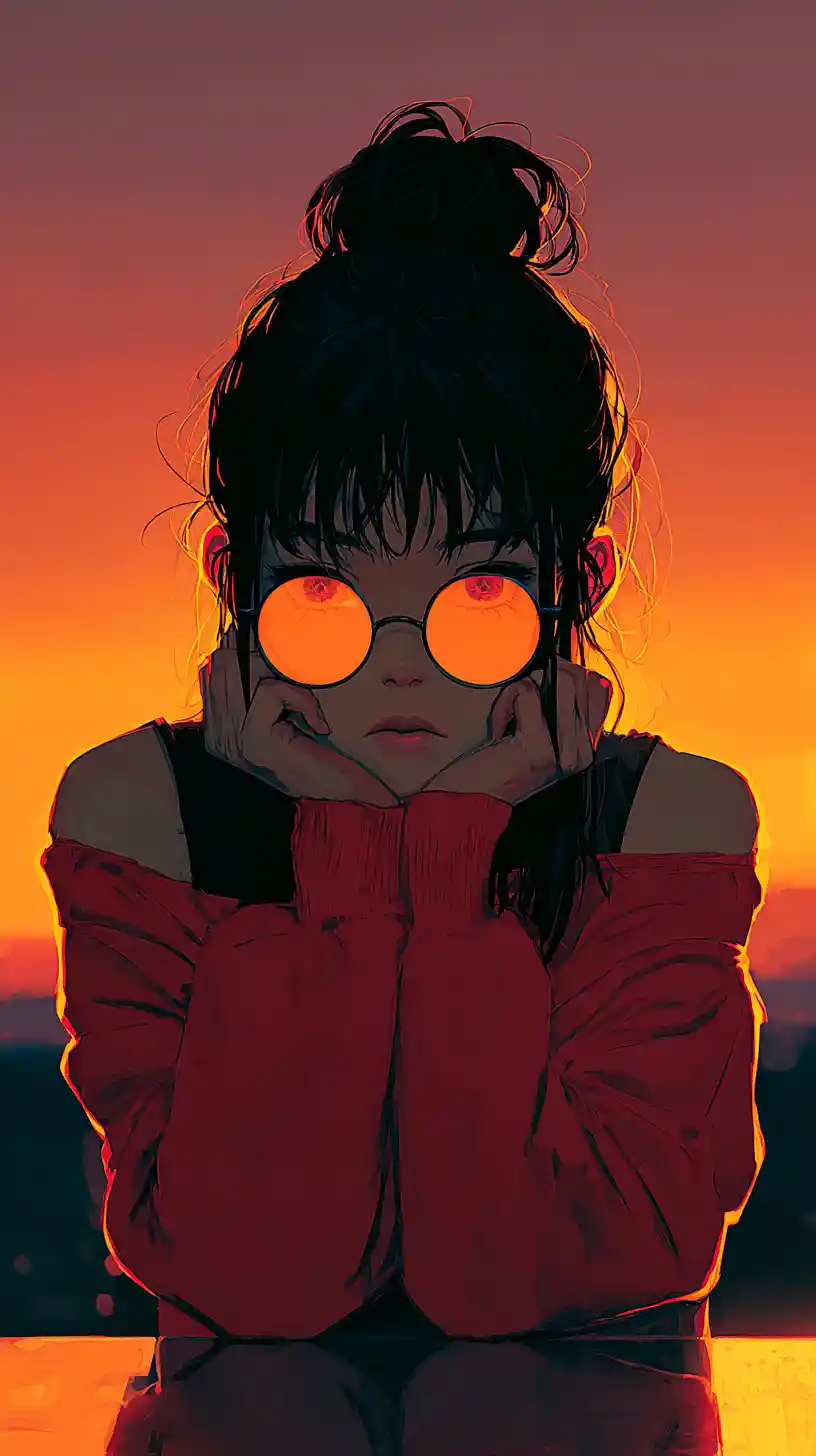 Anime woman at sunset with reflective surface portrait