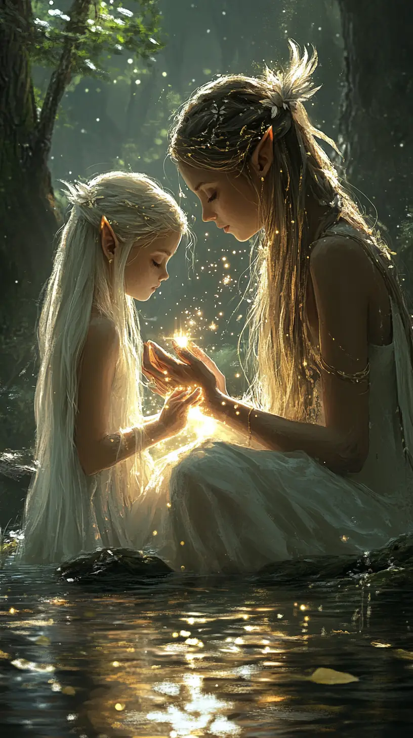 Madre e hija elfas sosteniendo magia brillante junto a un arroyo