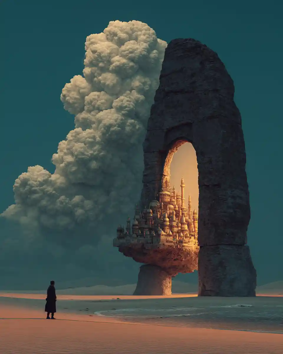 Surreal Stone Archway Revealing A Golden Fantasy City