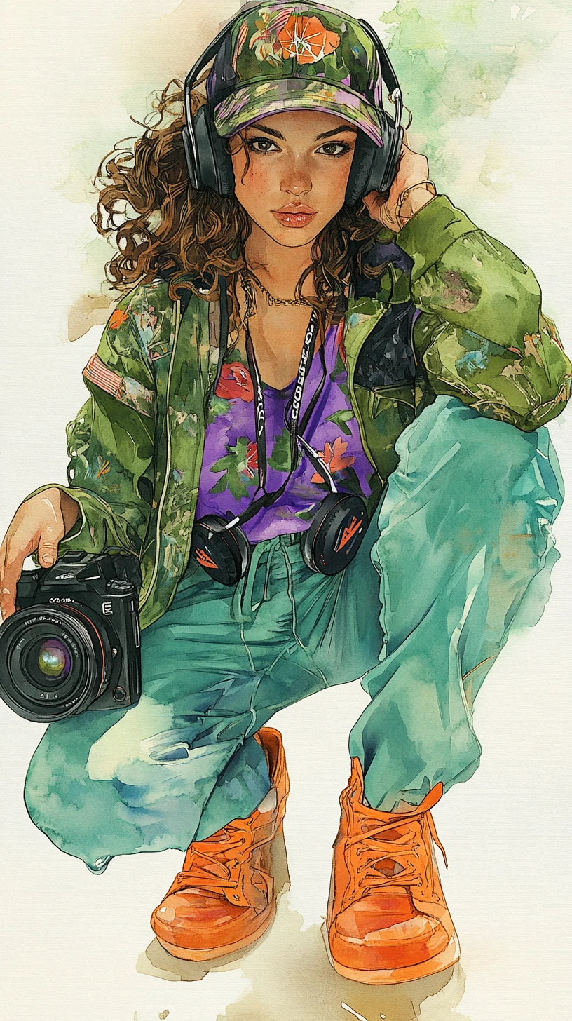 Femme accroupie avec appareil photo et lanterne dans un style aquarelle