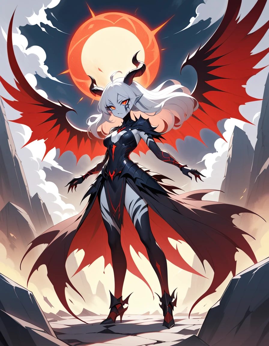 Ethereal horned demon heroine landing in a shattered realm