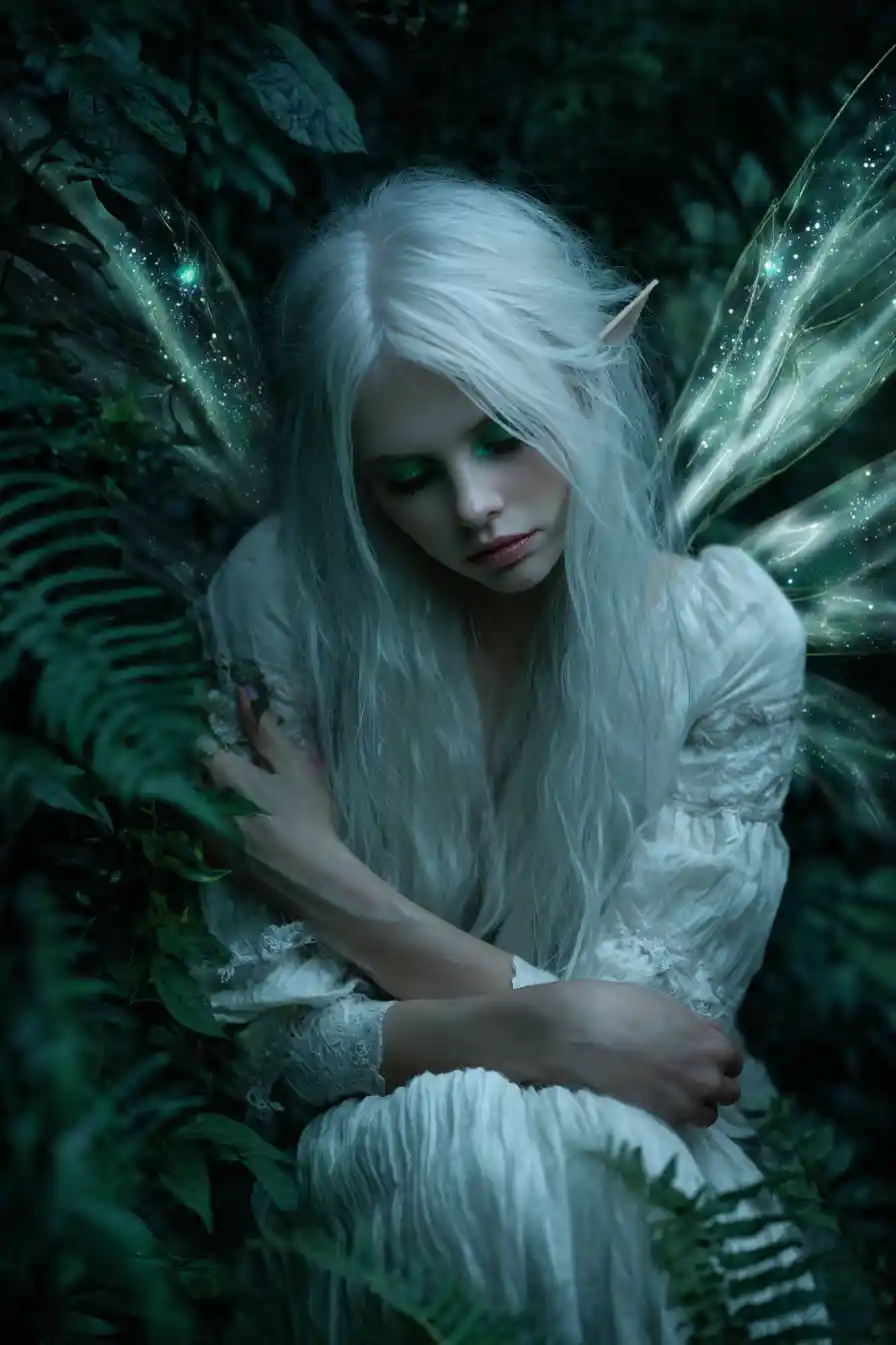 Ghostly fairy with white wings in a dark green forest