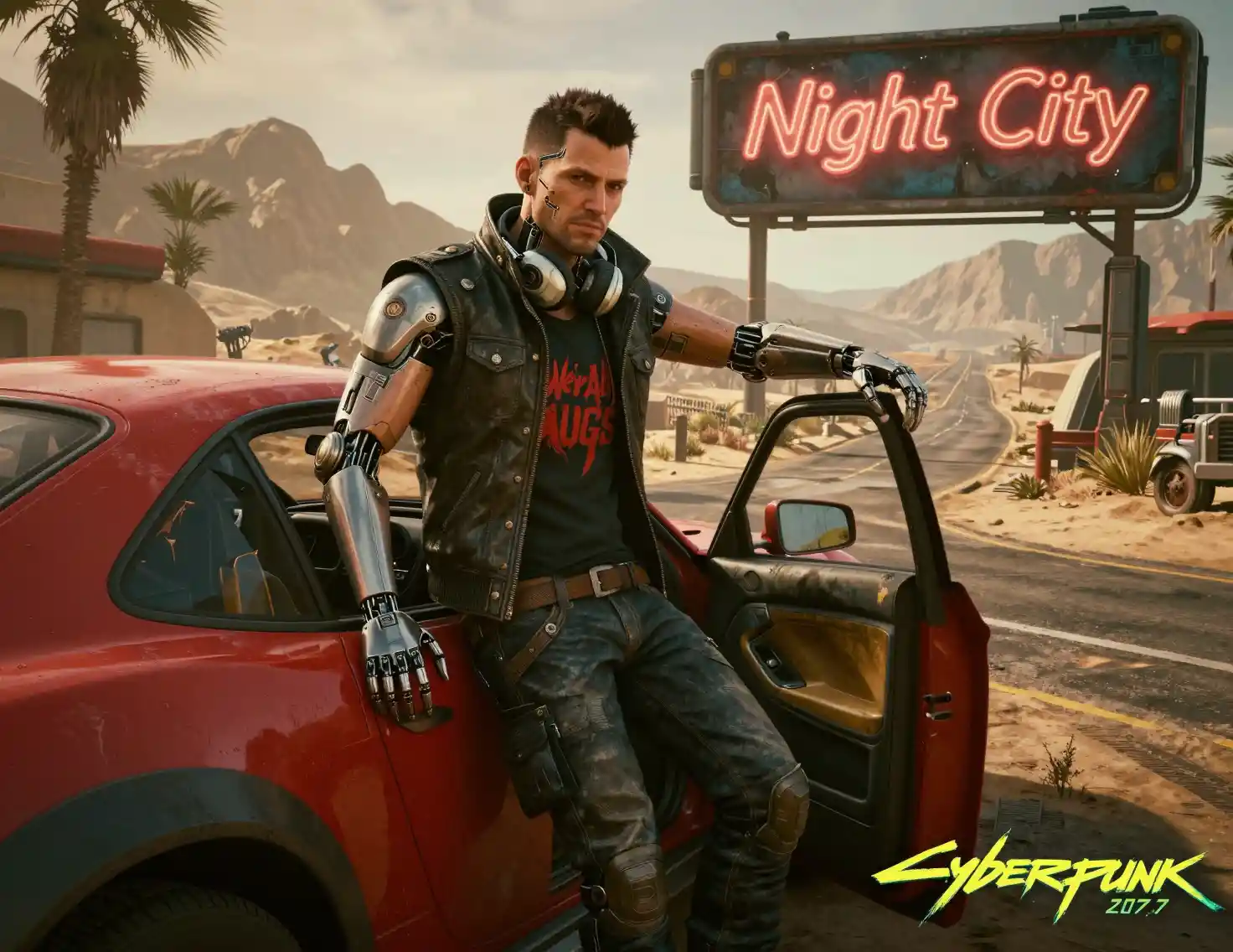 Cybernetic man leaning on futuristic off road vehicle
