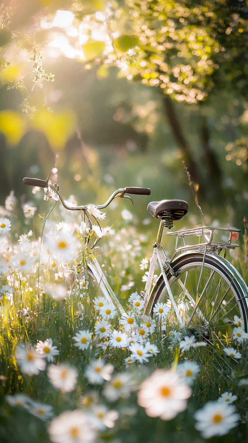 Sommerfahrrad mit Arrangement aus weißem Spargel und Gänseblümchen
