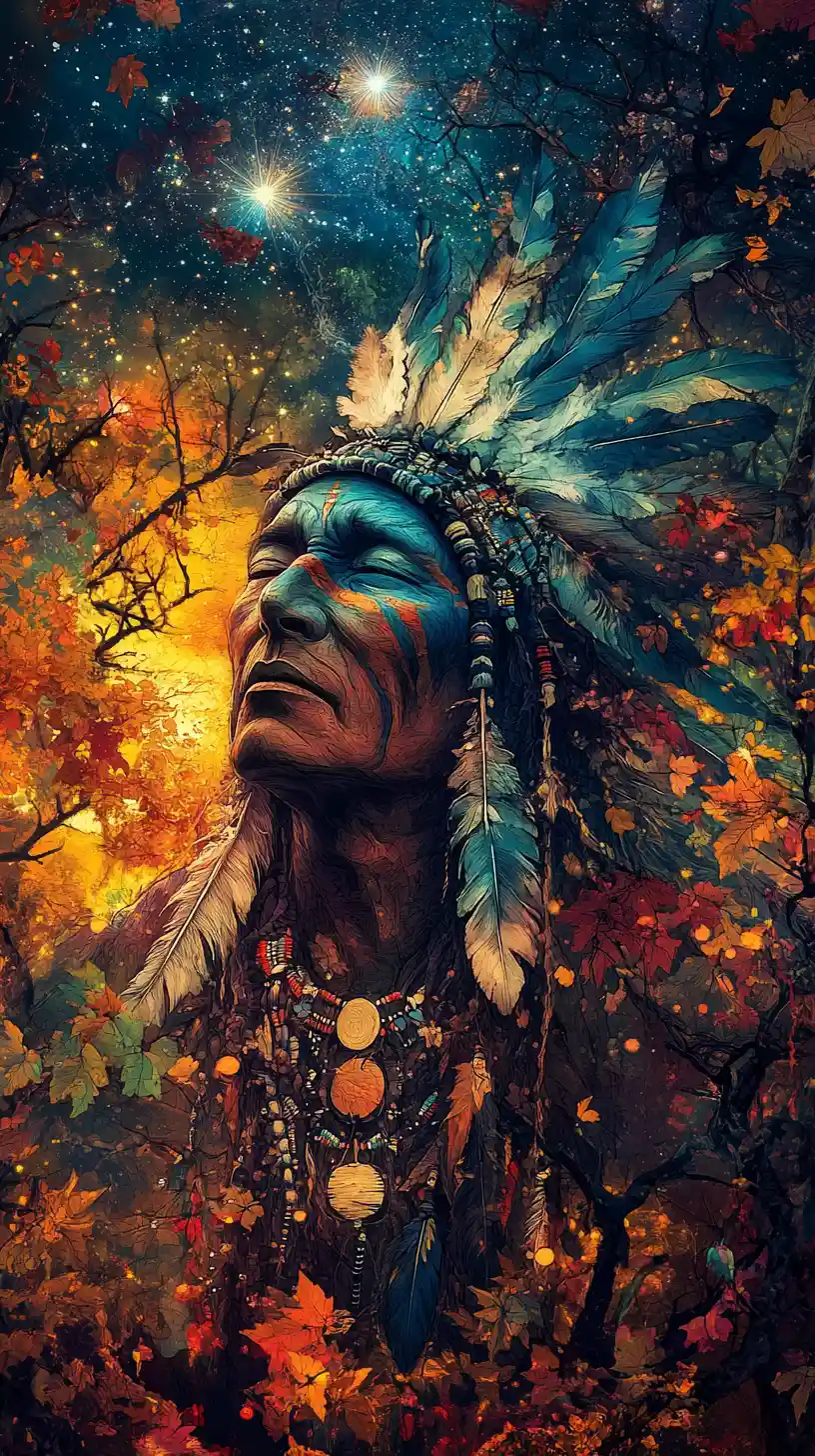 Trickster spirit in a surreal autumn forest at night