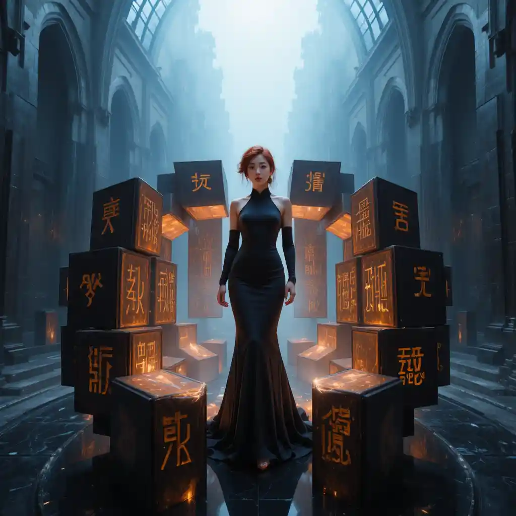 Korean woman encircled by floating suede monolith gown