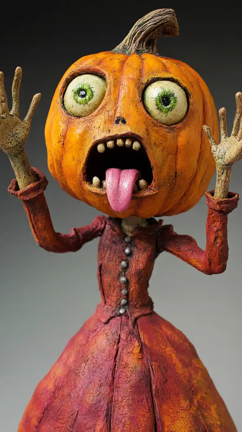Shocked Pumpkin Head Figure In Red High Collared Shirt
