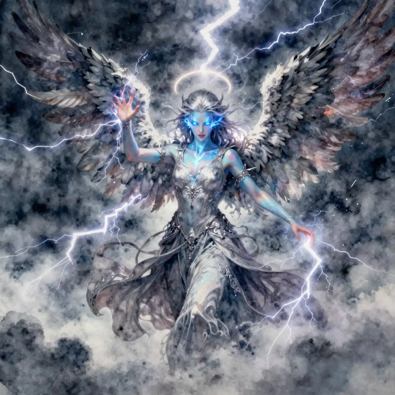 Storm sorceress with lightning wings in a dark sky