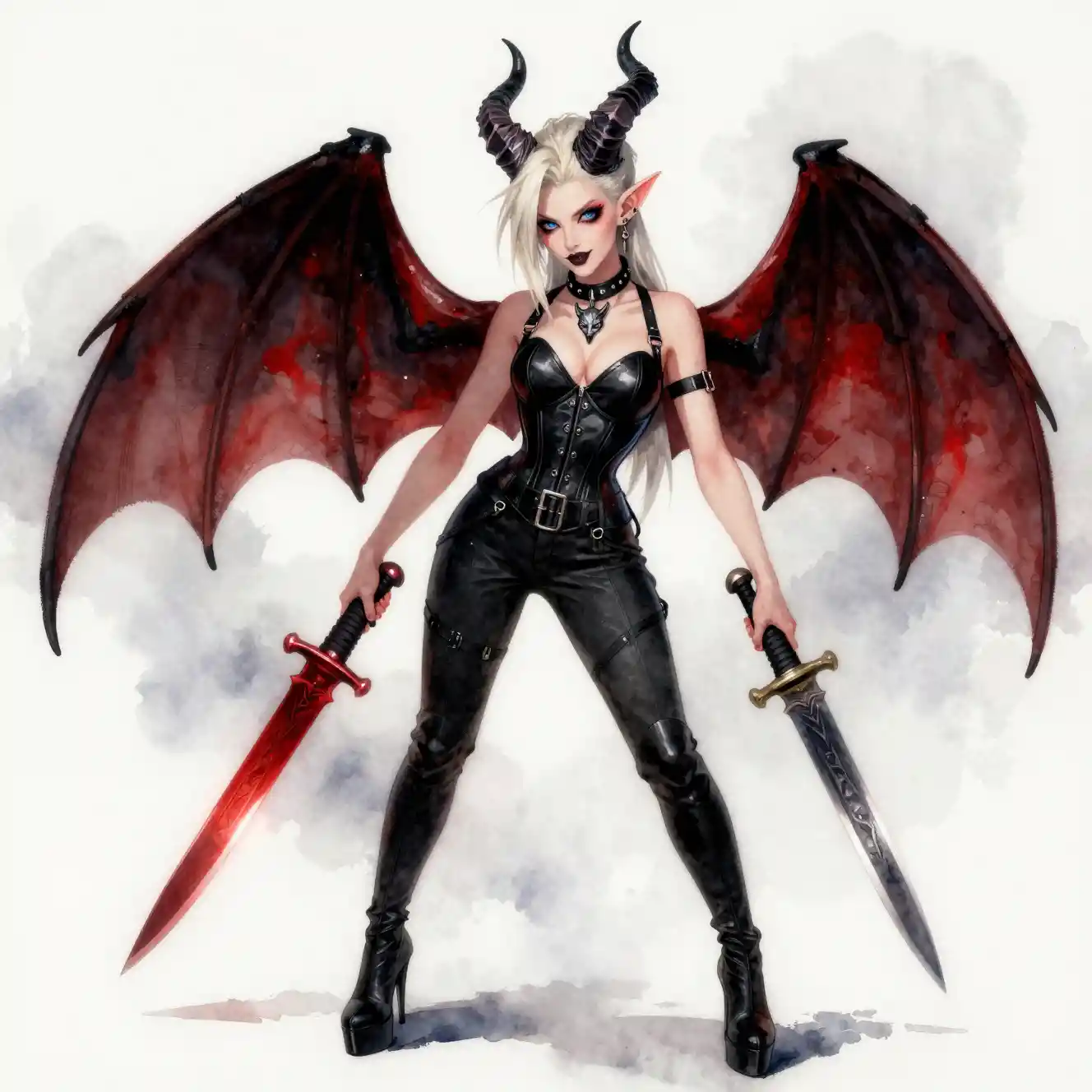 Tiefling pallida con coltelli e ali demoniache da pipistrello