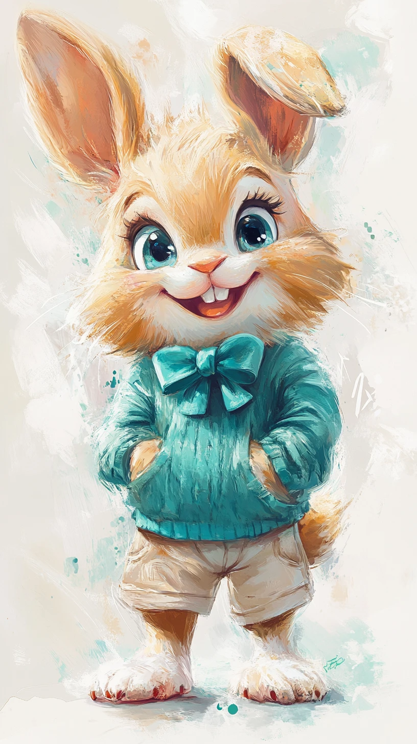 Conejo punk adorable con suéter verde azulado y salpicaduras de acuarela