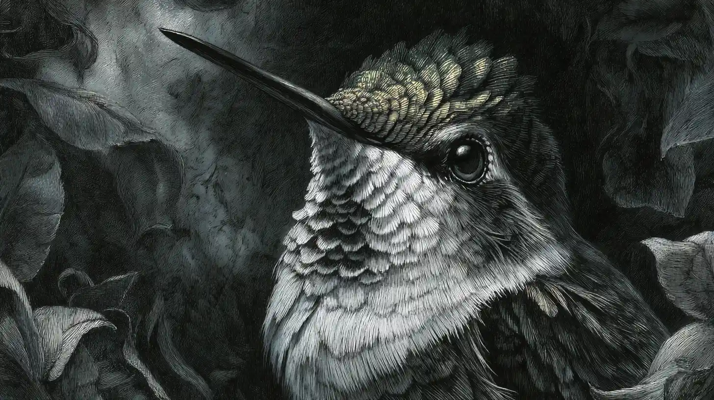 Ritratto surreale di colibrì a carboncino con accenti luminosi e vibranti