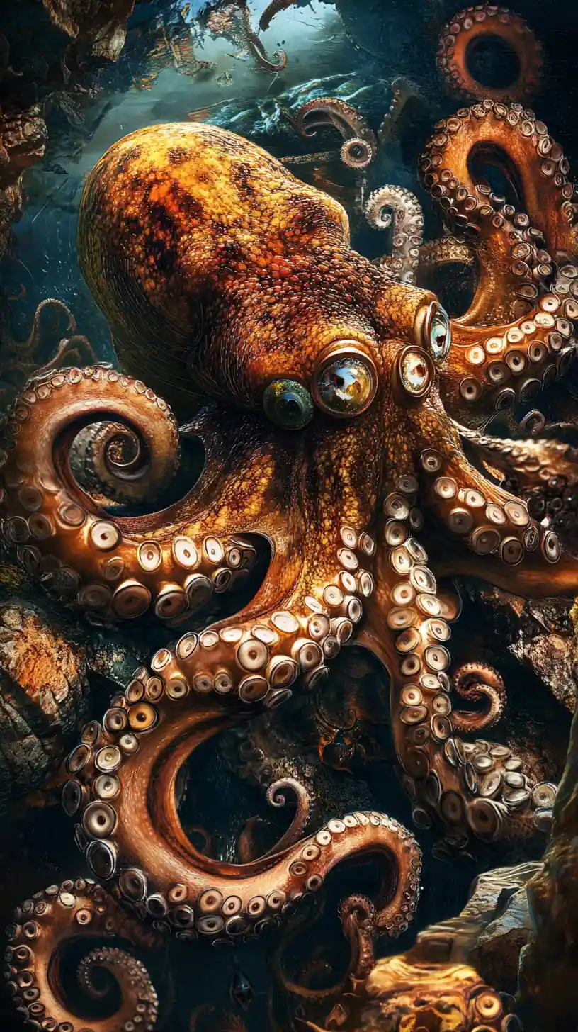Surreal octopus illusion forming multiple overlapping images