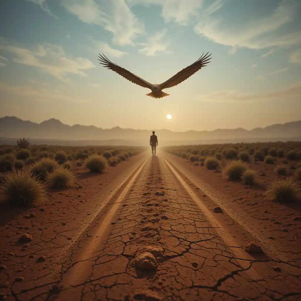 Lone figure on outback road beneath soaring eagle