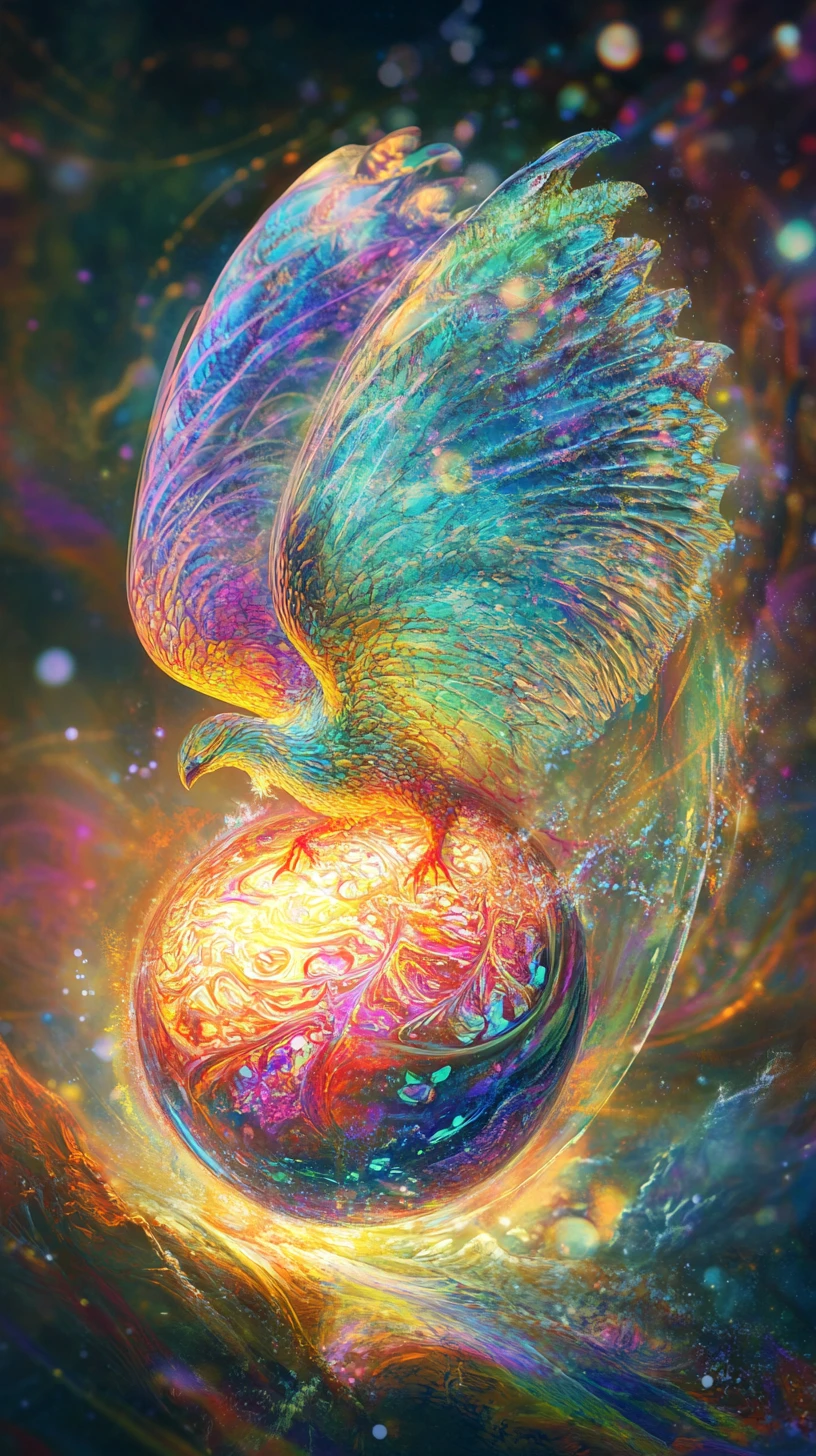 Creatura mistica che emerge da un uovo vibrante e luminoso
