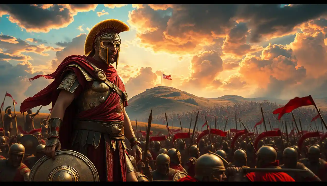 Roman general leading soldiers on a burning hilltop battlefield