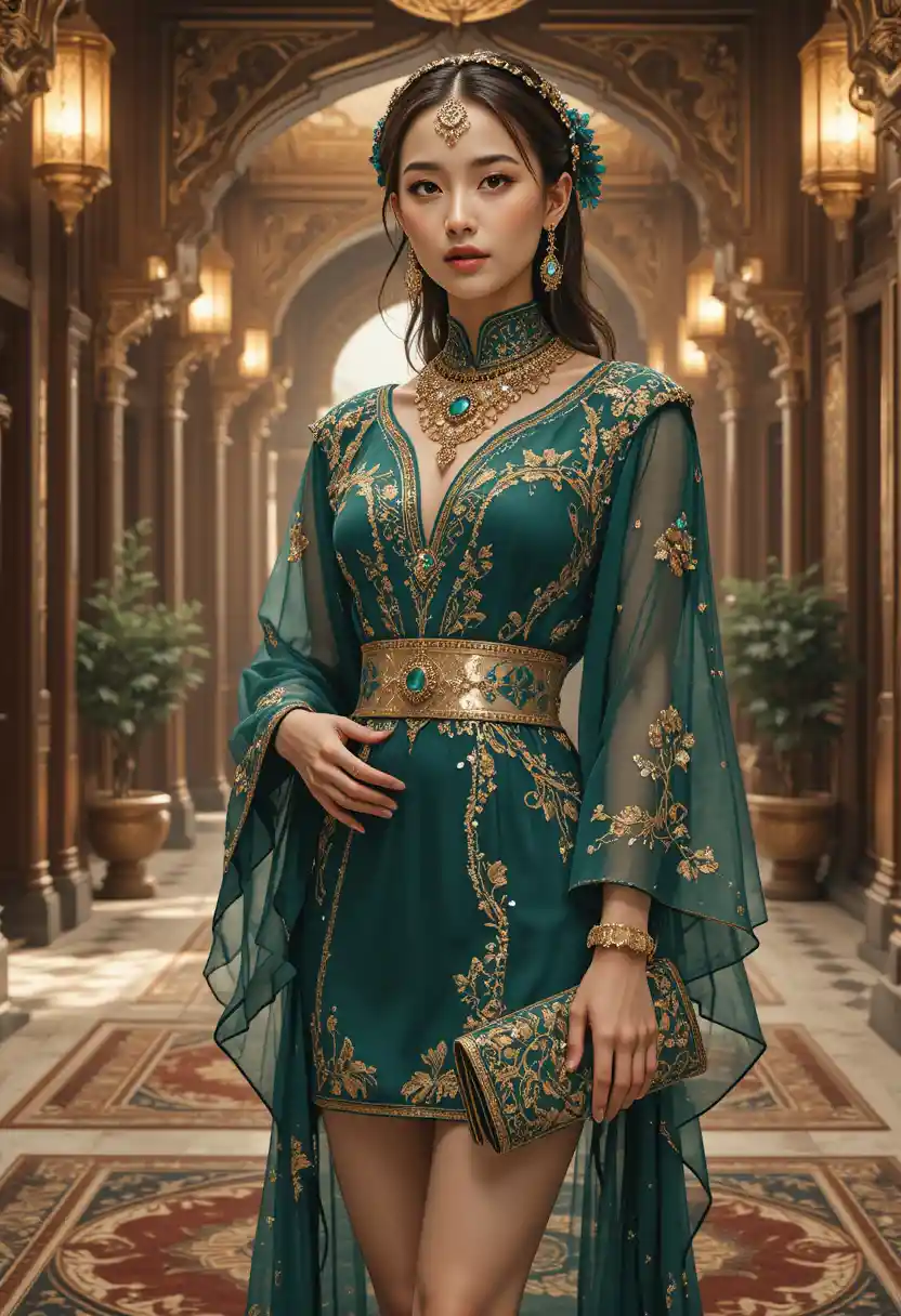 Elegant woman in emerald couture inside oriental palace