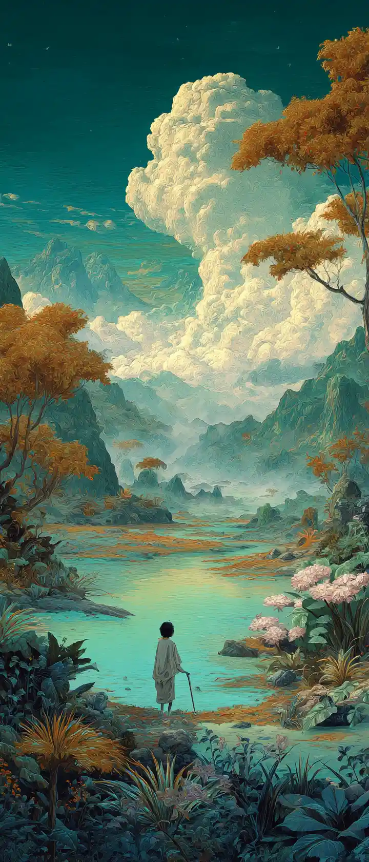 Asian girl by a misty river in fantasy landscape