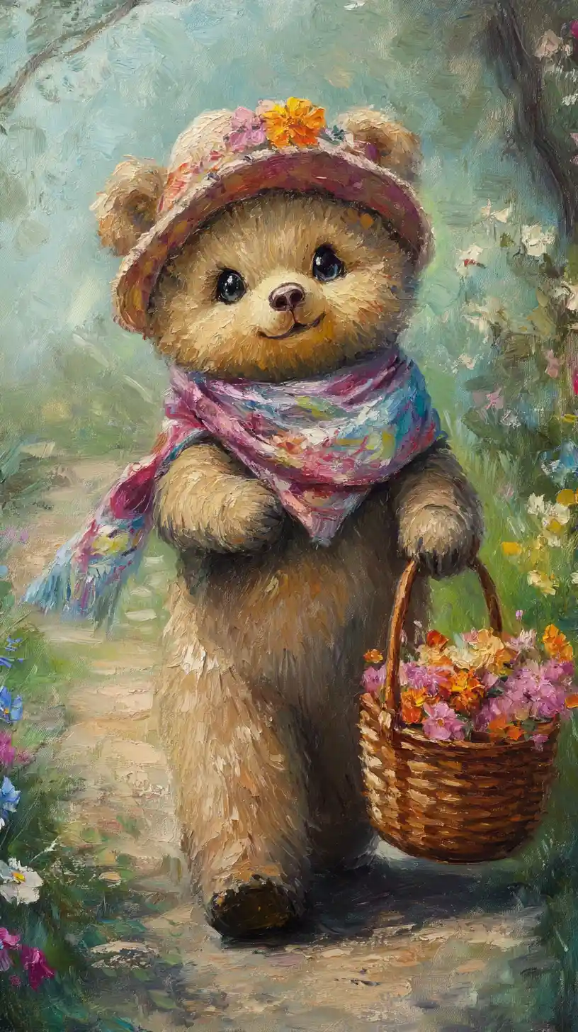 Cute baby bear with picnic basket in spring flowers