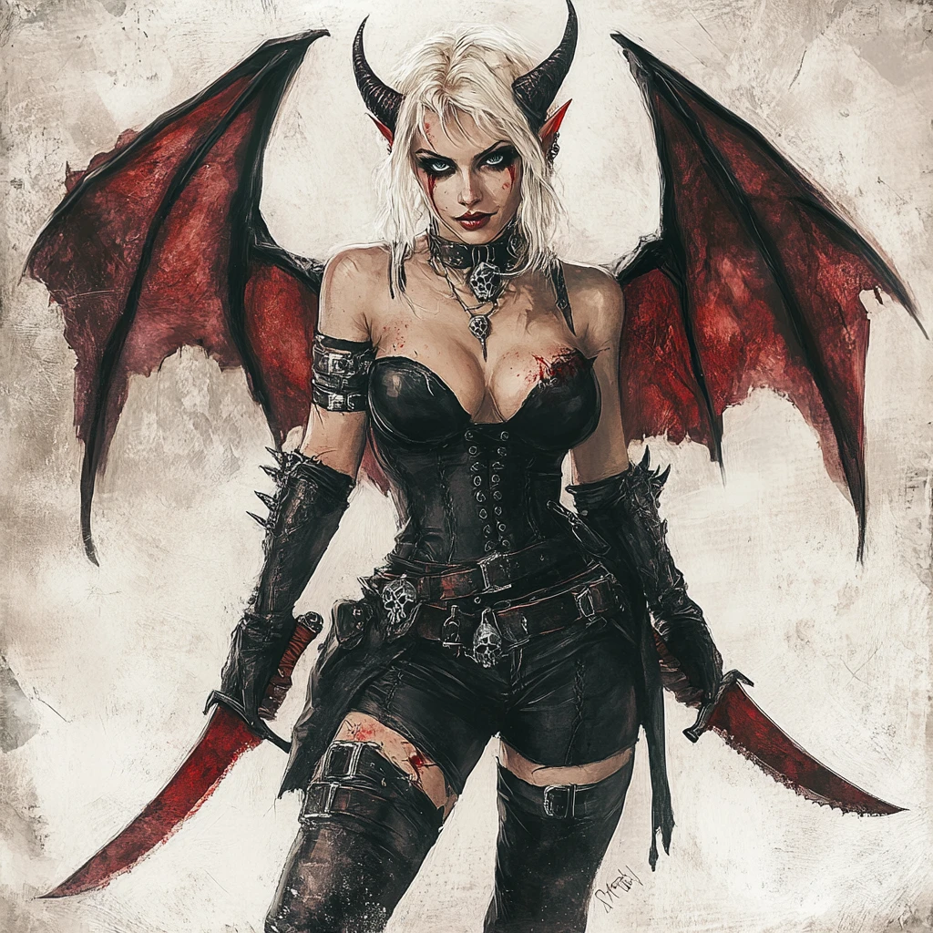 Pale tiefling woman with glowing knives and bat wings