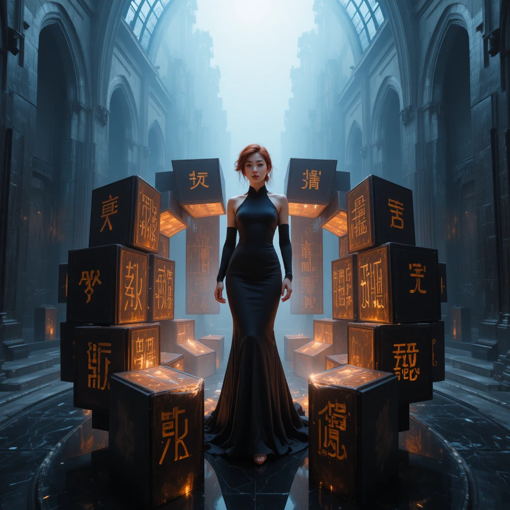 Korean woman encircled by floating suede monolith gown