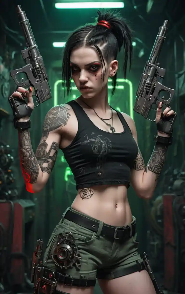 Cyberpunk woman with mechanical tattoos holding a gun
