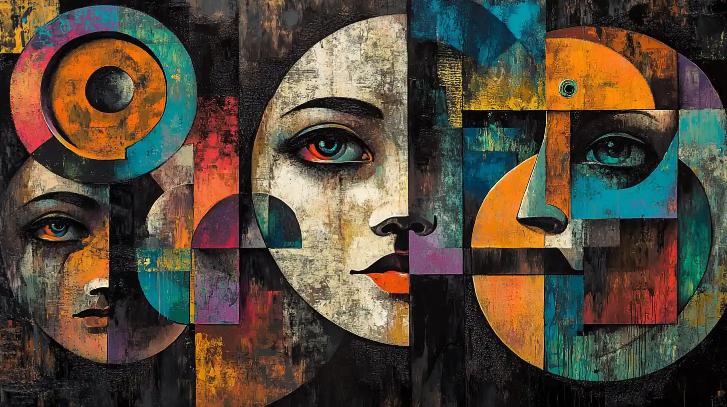 Surreal cubist portrait of fragmented mechanical human faces