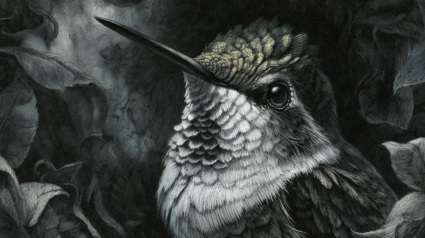 Surreal charcoal hummingbird portrait with glowing vibrant accents