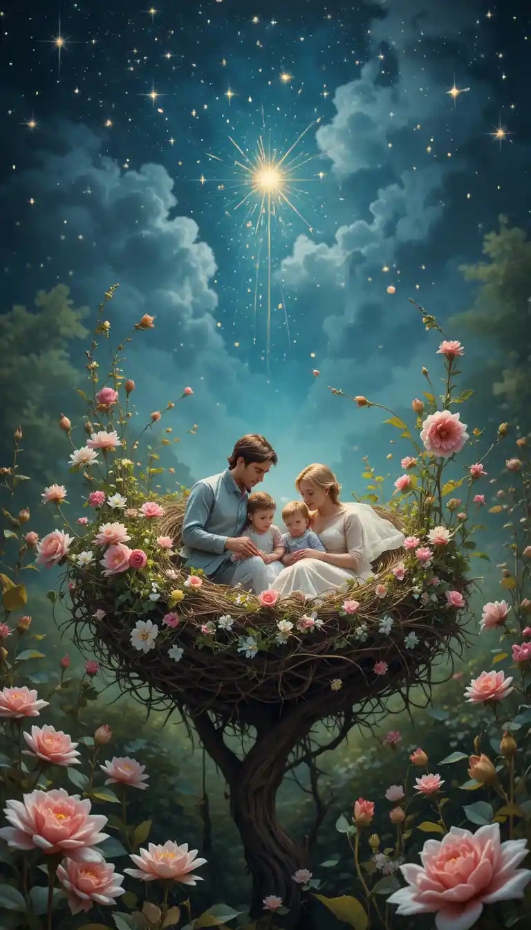 Human family resting in a bird nest under starlit sky