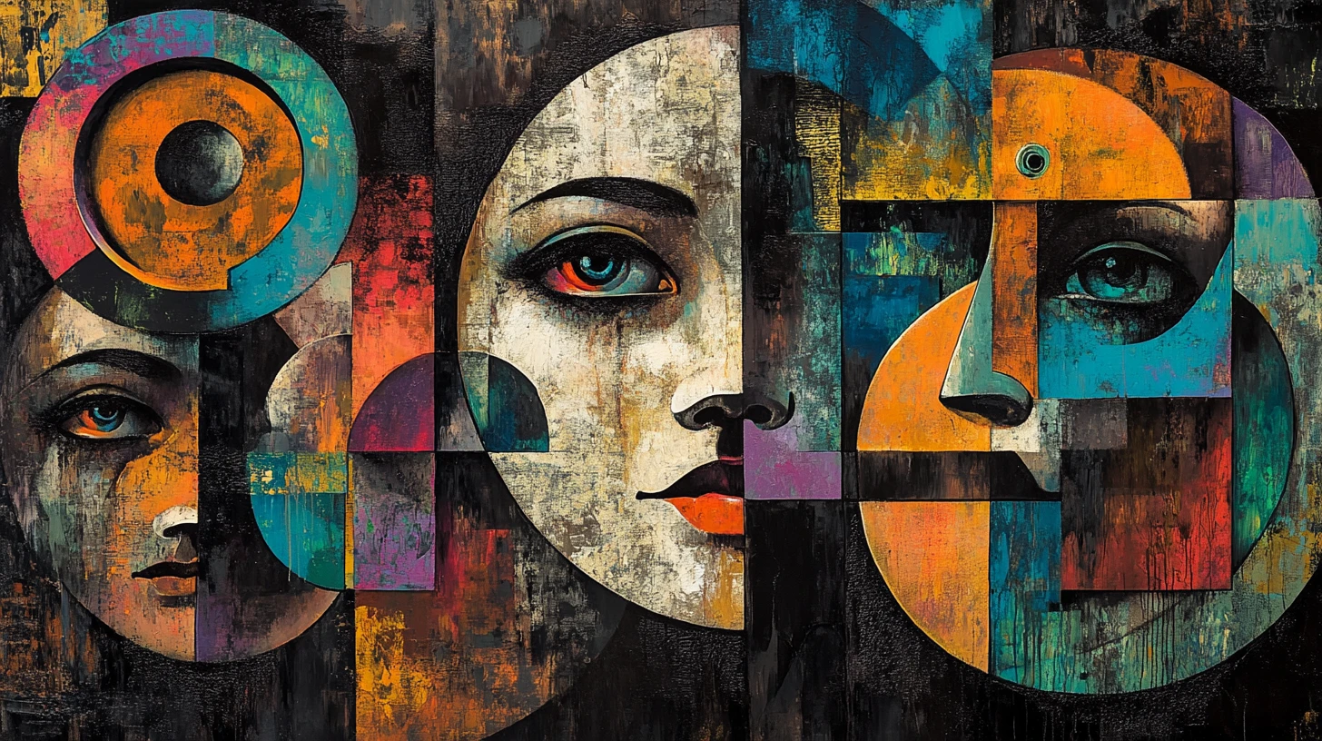 Surreal cubist portrait of fragmented mechanical human faces