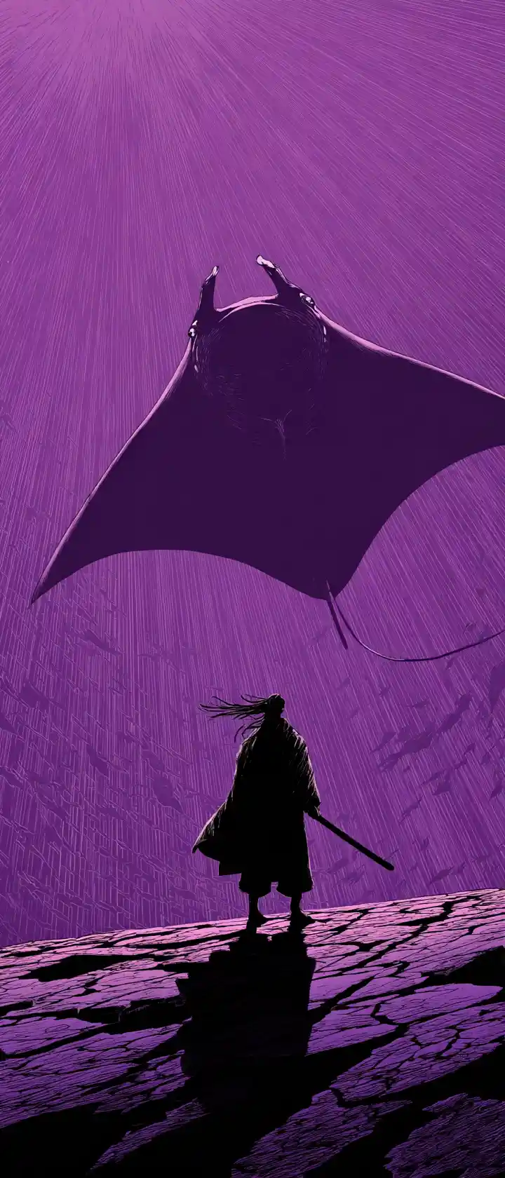 Einsamer Krieger unter einem riesigen Mantarochen am Himmel