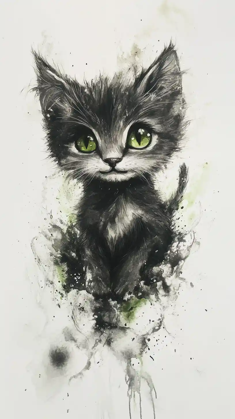 Primo piano onirico in acquerello di un minuscolo gattino sorridente