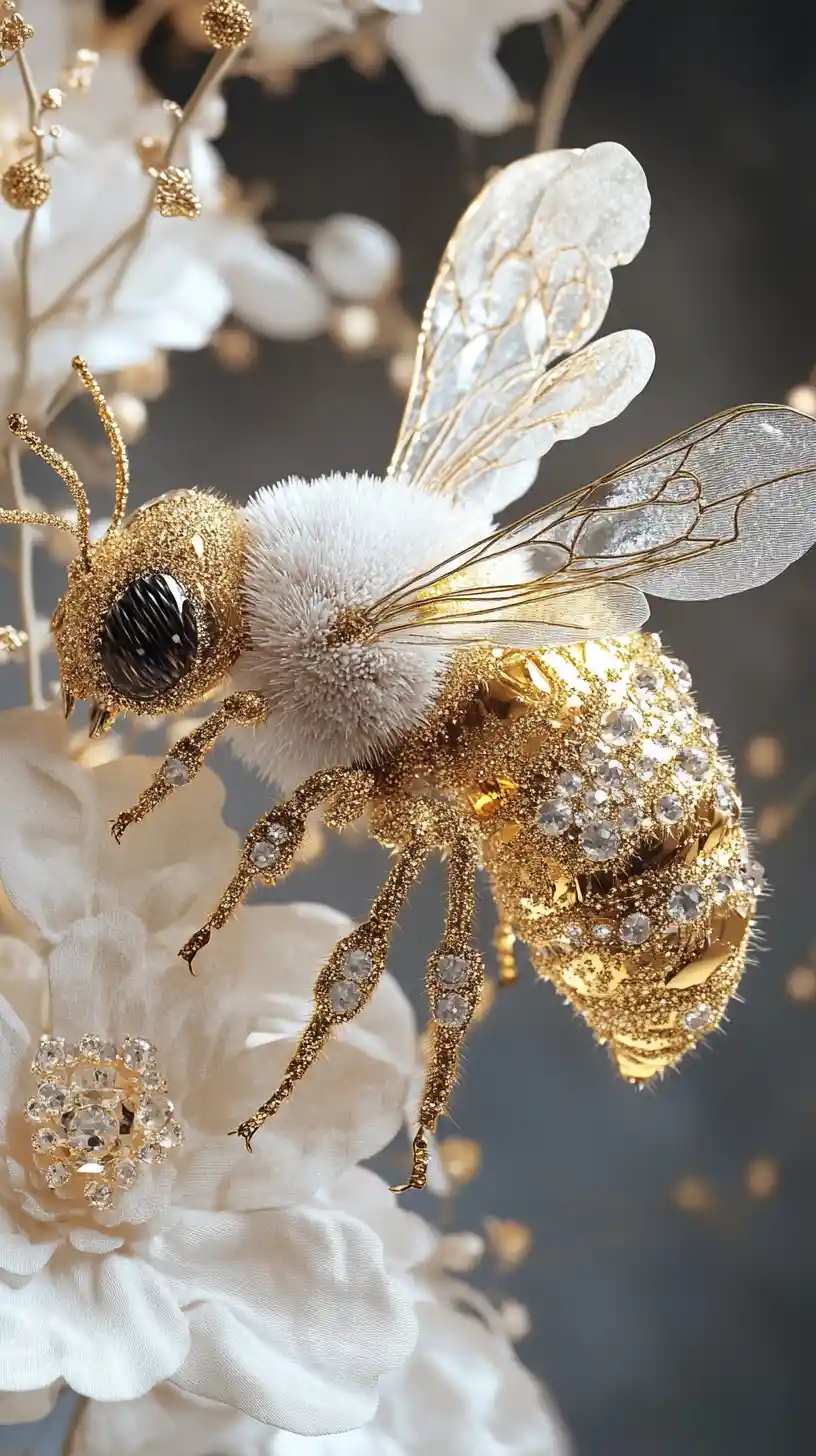 Jeweled bee resting on white hydrangea blossoms