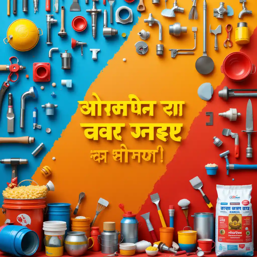 Hardware shop banner with tools paint and Hindi lettering