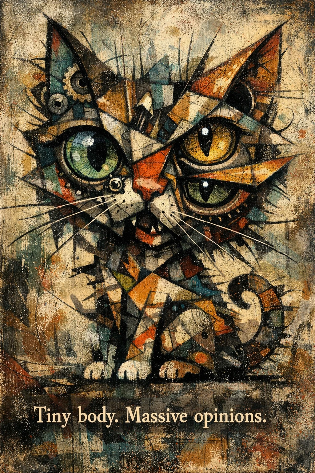Ritratto astratto e caotico di un gattino con forme geometriche frammentate