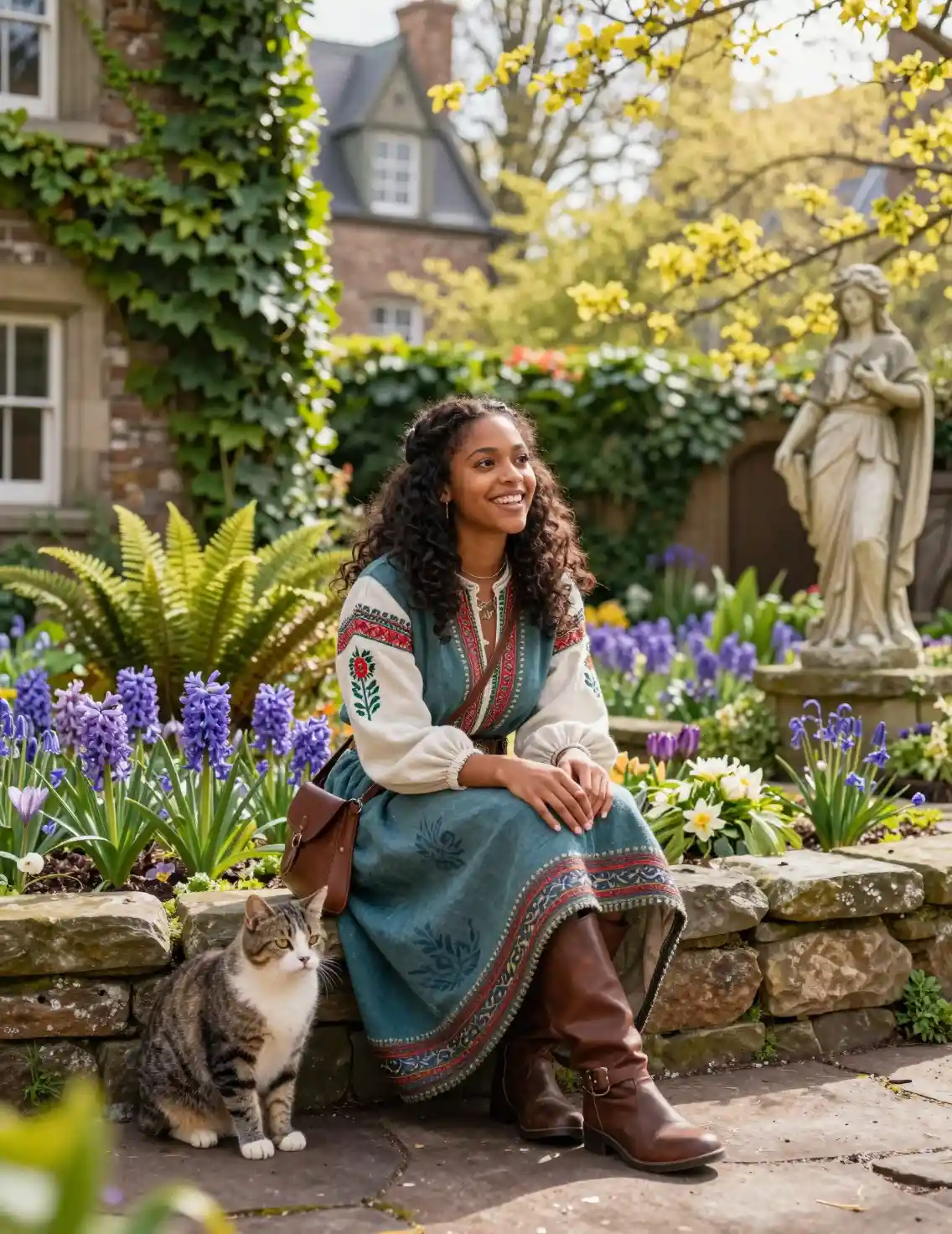 Femme africaine avec un chat dans une cour-jardin de fantasy ensoleillée