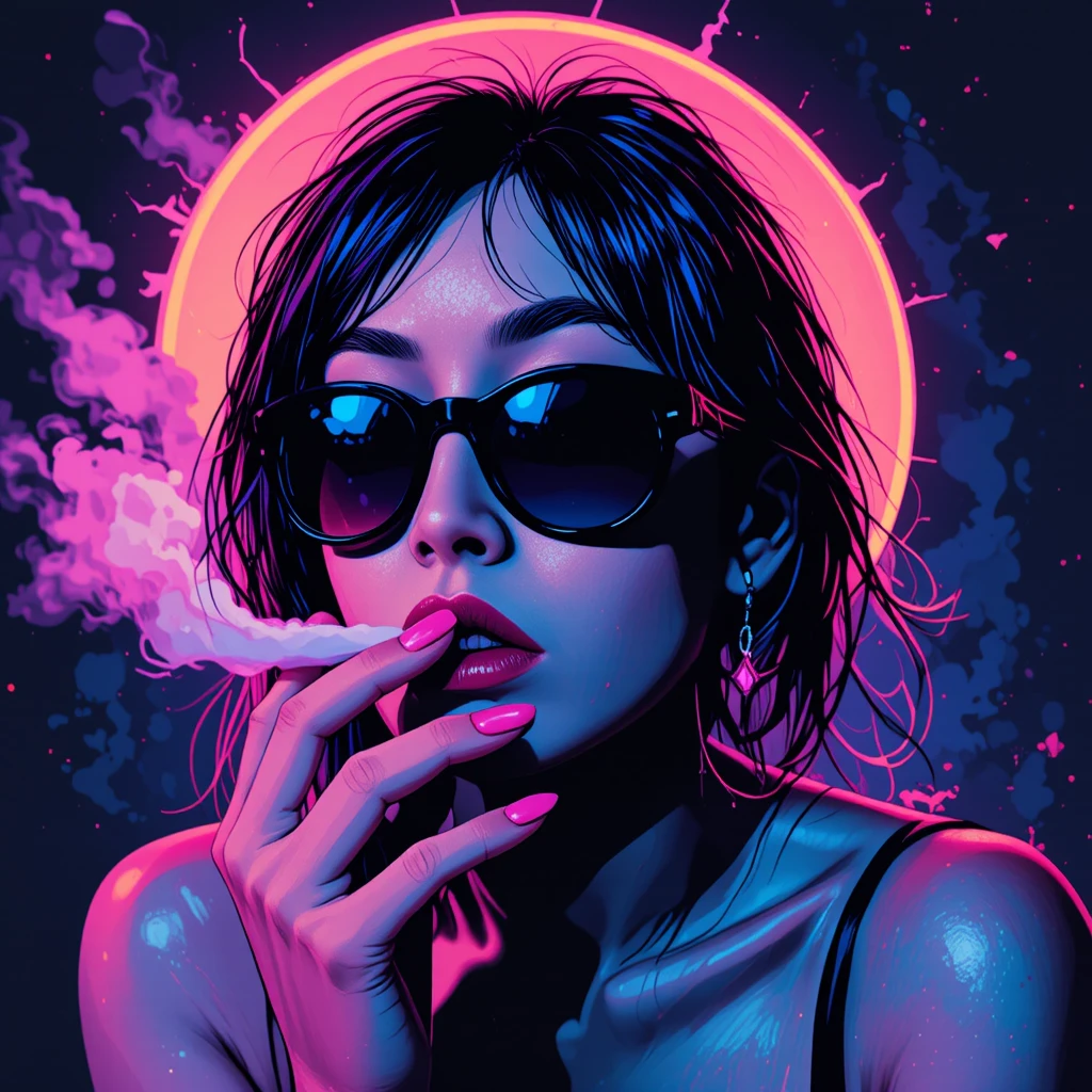 Pop art woman in sunglasses smoking under a bright sun