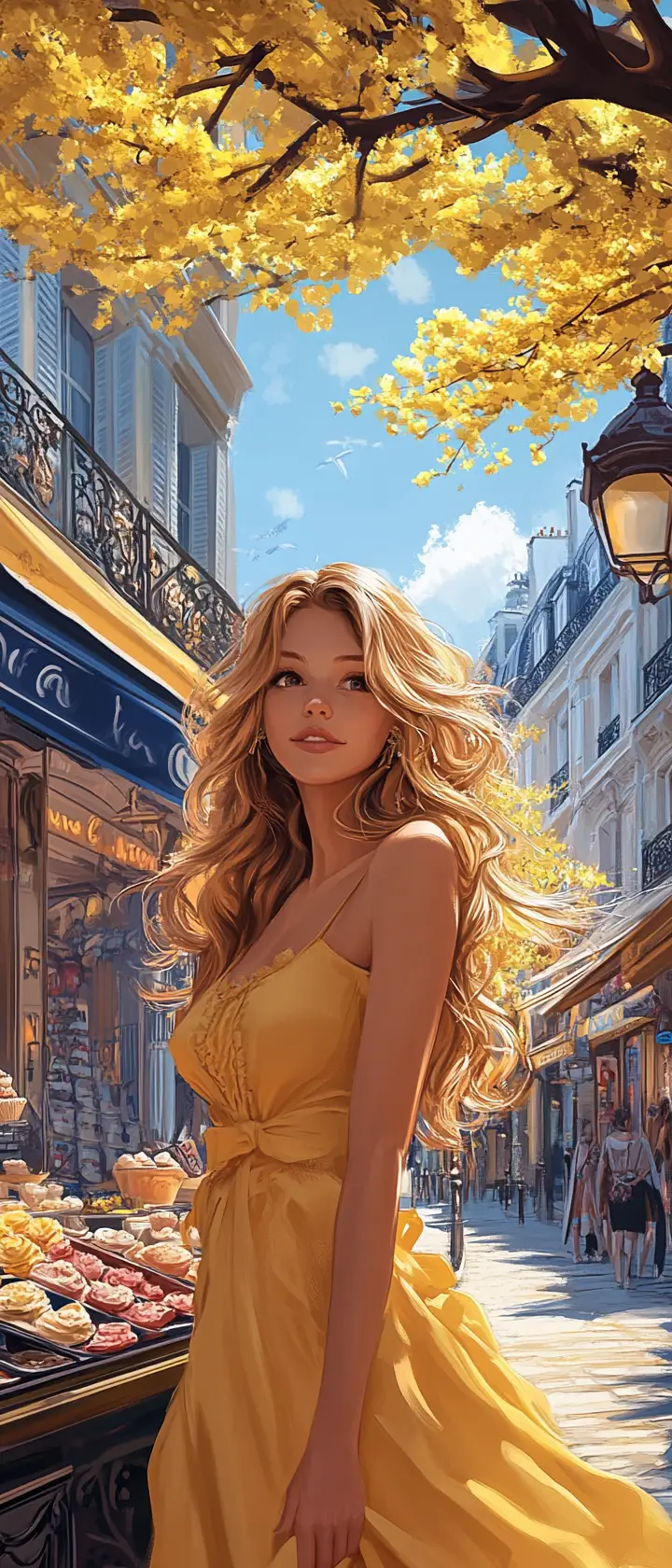 Young woman in yellow dress at paris ice cream parlor