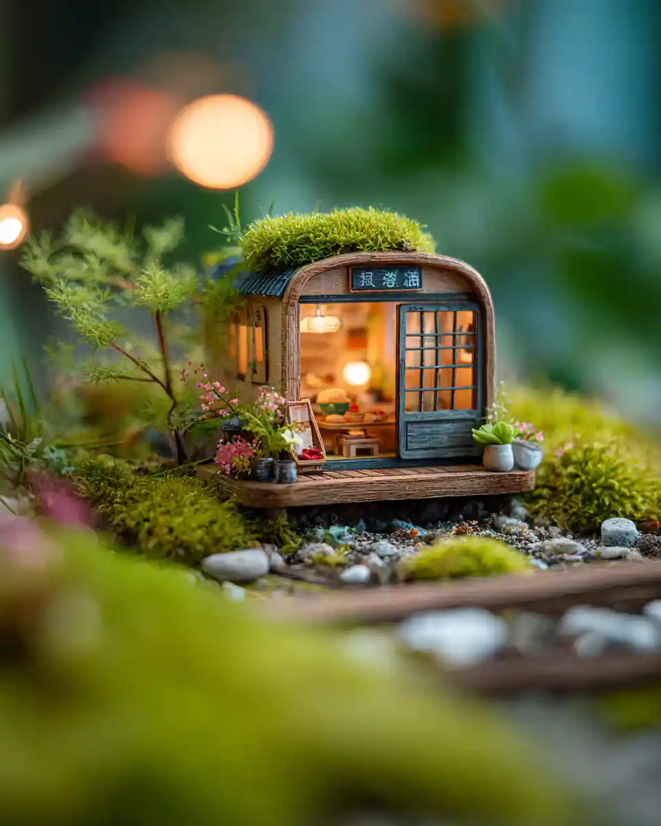 Fotografia macro di una minuscola casa in miniatura a tema sushi