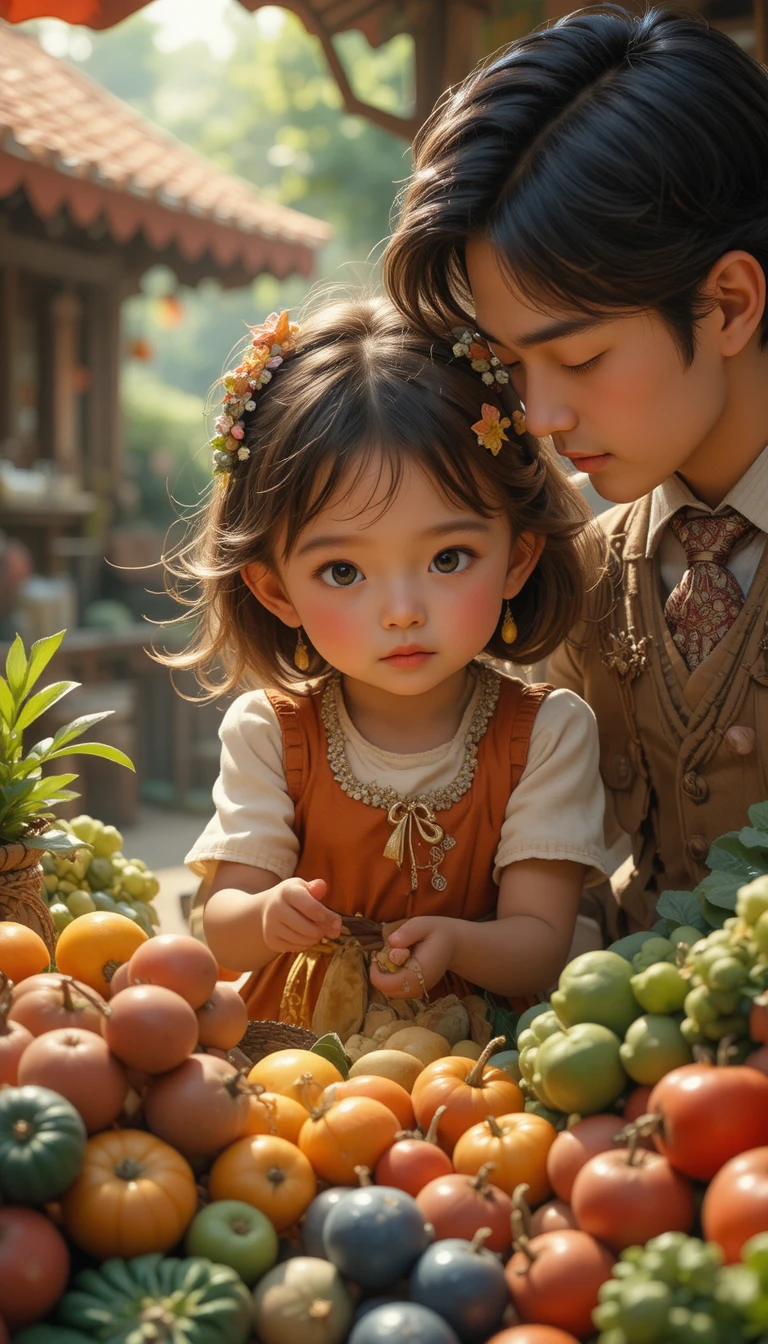 ファンタジー市場で両親と一緒に果物を売る少女