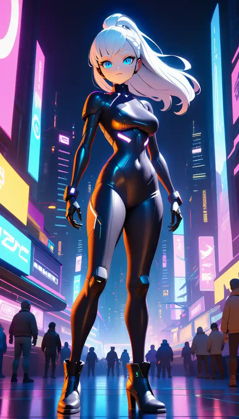 Graceful cyberpunk android woman in a futuristic night city