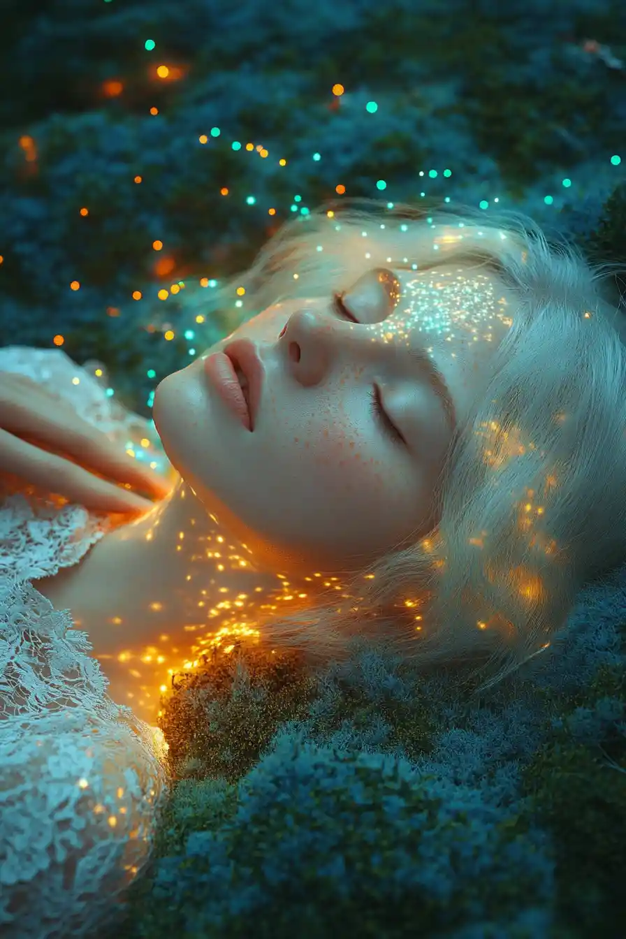Ethereal woman in glowing moss under a magical sky