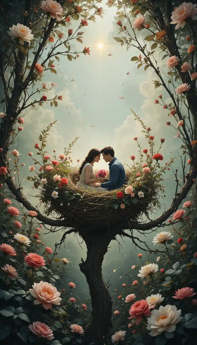 Romantic human couple resting in a nest under stars