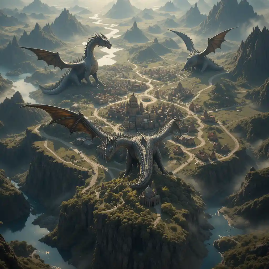 Epische Kriegskarte mit gigantischen Drachen, die ihre Territorien beanspruchen